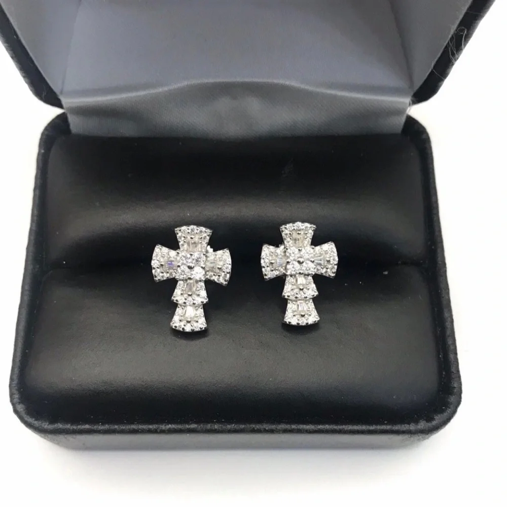 925 Sterling Silver 1.50CT MOISSANITE Cross Stud Earrings - PUSH or SCREW BACKS